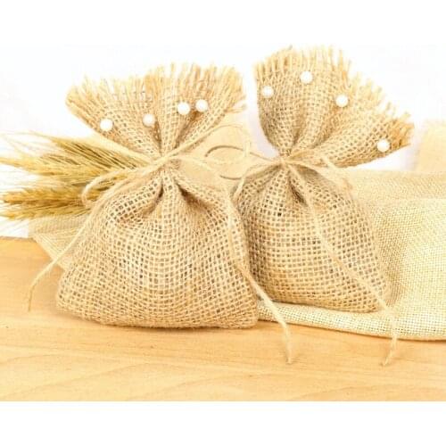 20pcs Burlap Jute Candy Bag With Artificial beads candy packaging supplies rustic wedding decoration centerpieces
