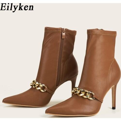 Eilyken Spring Autumn New Pointed Toe Metal Chain Decoration Zipper Ankle Short Boots Women Thin High Heels Sexy Booties Shoes
