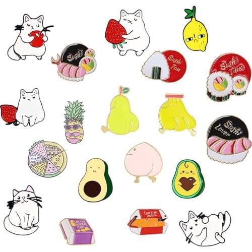 Fruit cat food Enamel Brooch Cherry strawberry Pear, banana, avocado Pineapple pizza Sushi Chicken Lapel Pin Lovely badge Gifts