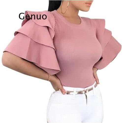 Sexy Women Multi Layer Ruffle Wide Sleeve T-Shirt Casual Slim Solid Top Shirt Summer Streetwear