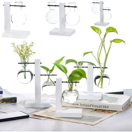 Hydroponic Plant Vases Vintage Flower Pot Transparent Vase Wooden Frame Glass Transparent glass vase desktop living room simple
