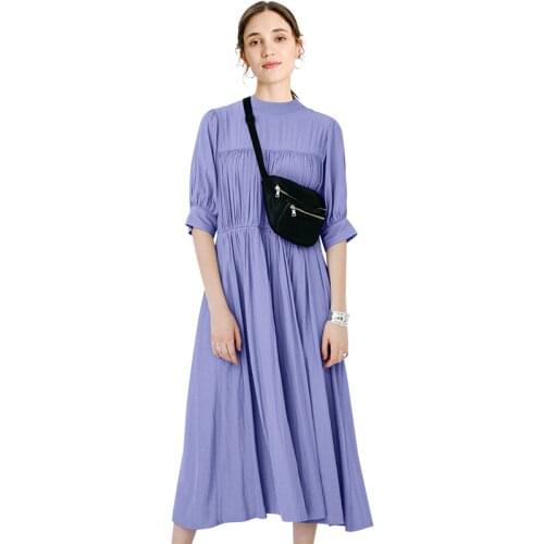Japanese super hot sale Tencel fabric front and back two-sides wear pleasted dress female half sleeve high waist dress F1544