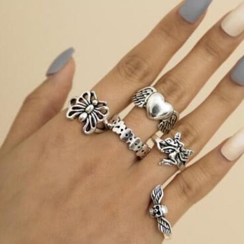 5Pcs/Set Vintage Hip Hop Ring For Women Peach Heart Hollow Butterfly Ring Joint Ring Skull Wings Jewelry Gift