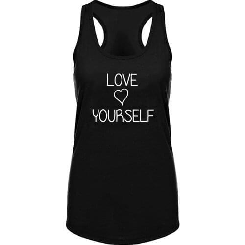 Lyprerazy Womens Love Yourself Printed Black Workout Fitness Gym Summer Funny Tank Top