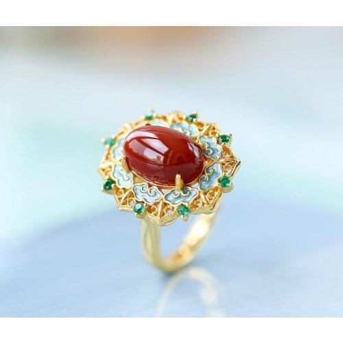 Real S925 sterling silver gold-plated natural southern red agate enamel wishful ethnic style opening adjustable ring new