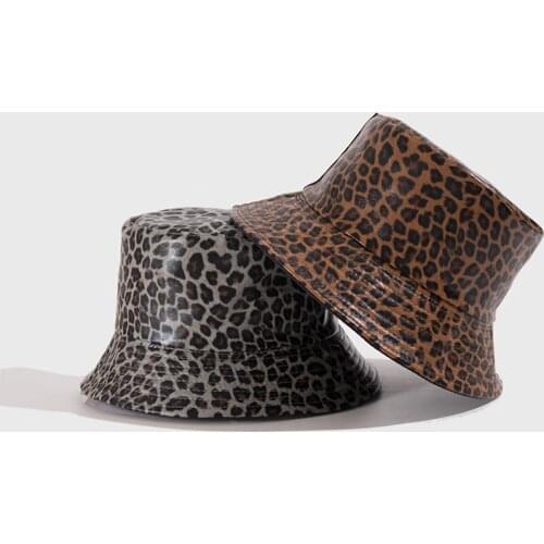 New Unisex PU Leather Leopard Print Bucket Hats Women Sunscreen Panama Hat Men Sunbonnet Outdoor Fisherman Hat Beach Cap