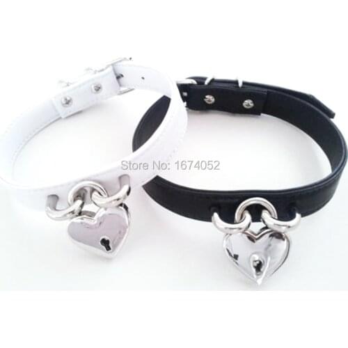 Sexy Women Girl Pastel Goth Handmade Leather Collar Lockable Heart Choker Locket Lock Necklace