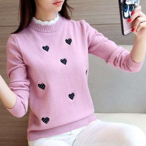 New 2021 Autumn Womens Fake two Pullovers Sweater Warm Korean Short Elegant Embroidery Soft Sweaters knit Sweet Lady Jumpers