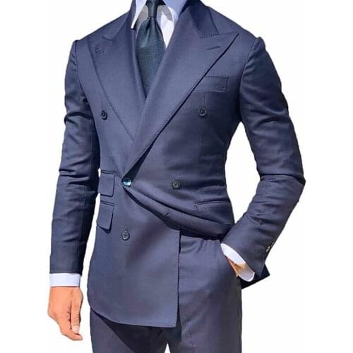 Navy Blue Wedding Tuxedos with Double Breasted 2 Piece Slim fit Formal Men Suits Custom Business Man Fashion Clothes 2020