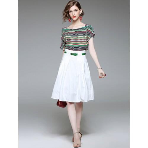 High Quality Womens Sets Fashion Striped Knitted T-Shirt + Skirt Set Elegant Suit Female Casual 2019 New Skirts Trend Summer