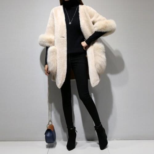 High Quality Winter Women Coat Pure Color Faux Fox Fur Collars Female Sheepskin Coats Cashmere Coats Plus Size D190918
