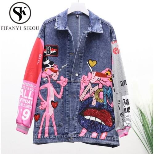 Sequins Cartoon Denim Jacket Women Patchwork Fashion Long Sleeve Jeans Jacket Female Streetwear Loose Jeans Coat 2020 Autumn New
