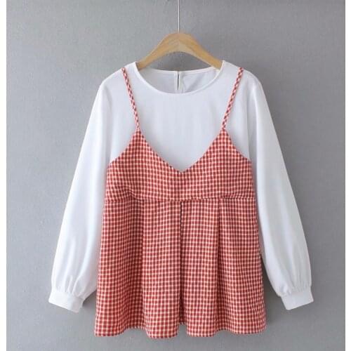 Plus size womens clothing large 2021 Fake two-piece plaid Womens t-shirt O-Neck long sleeve loose t-shirts woman