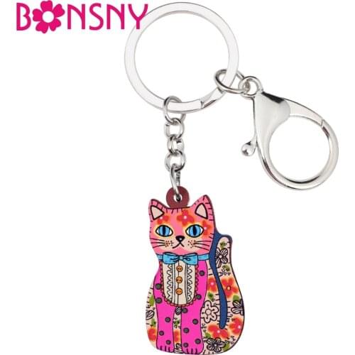 Bonsny Acrylic Anime Cartoon Elegant Cat Kitten Key Chains Keyrings For Women Girl Bag Purse Car Ladies Pendant Charms GIFT