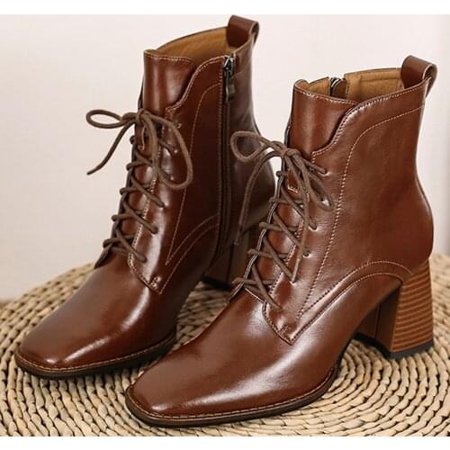 Womens genuine leather thick high heel autumn lace-up ankle boots square toe elegant ladies dress heels short booties shoes hot