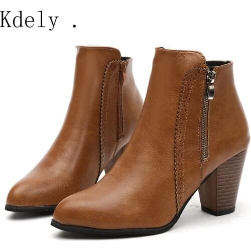 Hot 2019 Retro Women Boots Vintage Block Heel Ankle Boots Side Zipper High Heels Women Shoes Big Sizes 35-43