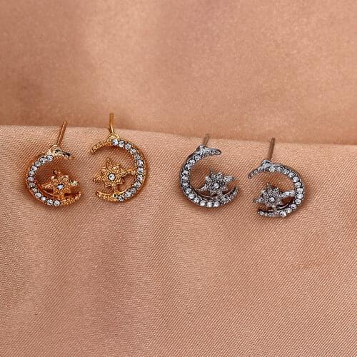 Korean Fashion Classic Star Moon Crystal Stud Earrings for Women Gold Silver Color Geometric Earrings 2020 Jewelry Party Gift