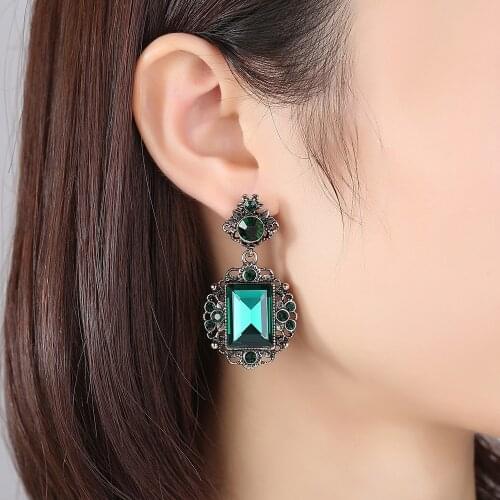 Long Green Square Flower Crystal Water Drop Earrings CZ Vintage Geometric Gold Drop Rhinestone Dangle Earrings for Women Brincos