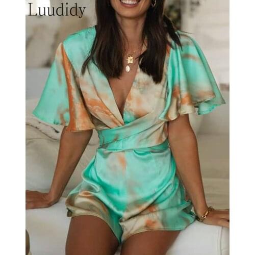 Women Casual Print Dyeing Open Back Romper Sexy Deep V Neck Short Sleeve Lace-up Satin Playsuit