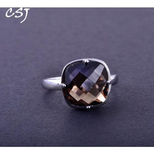 CSJ Smoky Quartz Rings Sterling 925 Silver Natural Gemstone Cushion 12mm Women Lady Wedding Engagment Party Gift Box