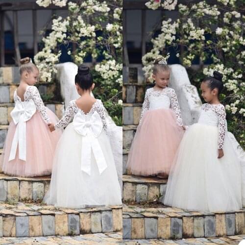 White Ivory Lace Applique Straps Flower Girl Dresses Backless Bow Sashes Prom Dresses Cute Children Gown