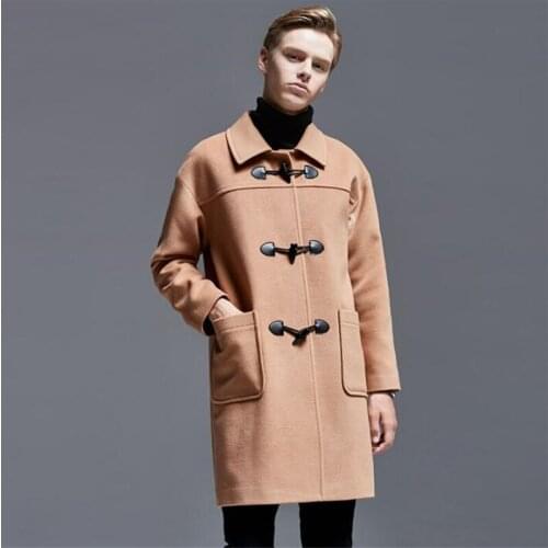 Winter mens wool coat cashmere woolen clothes black khaki horn button coats mid-length jaqueta masculina lapel college style