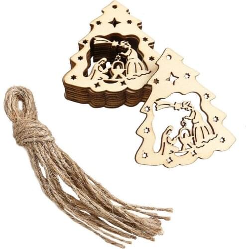 10pcs Wooden Embellishments Christmas Decoration The Birth of Jesus Pattern Pendant with Hemp Ropes