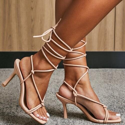 2020 Summer Open Toe Sandals Ankle Strap Lace Up Hollow Sandals Thin High Heels Party Pumps Black/Beige Wedding Pumps Summer