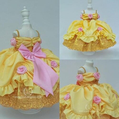 2021 Yellow Lace Beaded Flower Girl Dresses Retro Spaghetti Ball Gown Satin Little Kids Birthday Pageant Wedding Gowns