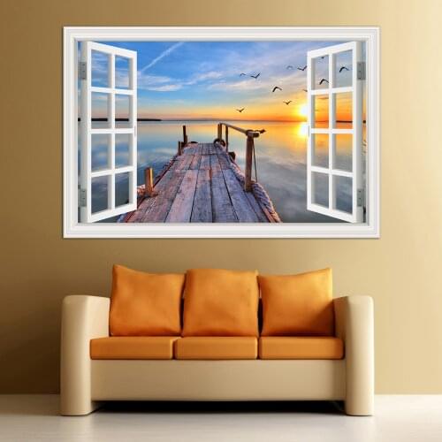 3D Window View Seaside Beach Wall Sticker Bridge Sunset Wallpaper for Living Home Decor Wall Art Poster and prints wall sticker