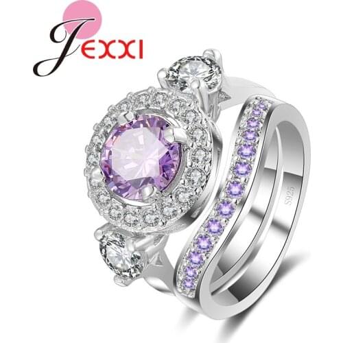 AAA Purple Austrian Crystal Bridal Wedding Ring Set For Woman Elegant 925 Sterling Silver Engagement Proposal Rings Bijoux