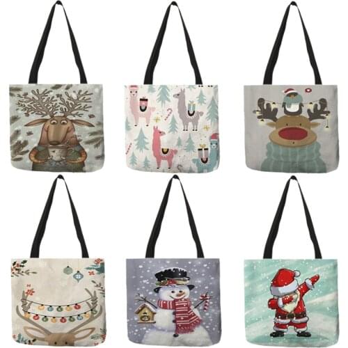B01102 Customized Christmas Shoulder Bag Santa Claus Xmas Elk Snowman Print Shopping Bags Reusable Women Handbags Large Capacity