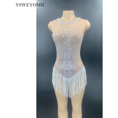Sleeveless Silver Rhinestone White Fringe Transparent Mesh Or Spandex Bodysuit Women Dancer Club Outfit Birthday Celebrate Prom