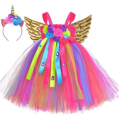 Unicorn Costume for Girls Birthday Party Clothes Rainbow Flowers Girls Unicorn Tutu Dress Kids Carnival Halloween Princess Dress