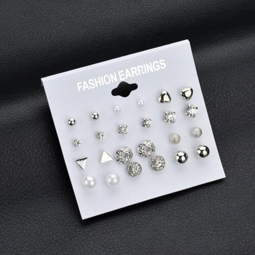 Fashion 2019 Gold Color Crystal Stud Earrings Set 12 Pairs Trendy Square Ball Heart Small Earrings Women Wedding Earrings
