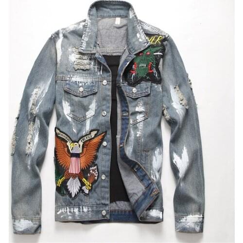 New Men Embroidery Eagle Skull Cowboy Coat High Quality Autumn Style Beggar Hole Denim Jacket Loose Cowboy Jacket Plus Size 3XL