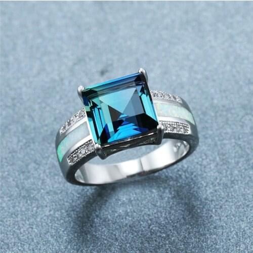 White Fire Opal Square Zircon Rings For Women Wedding Jewelry Vintage Fashion Rainbow Crystal Stone Engagement Ring Bridal Gifts
