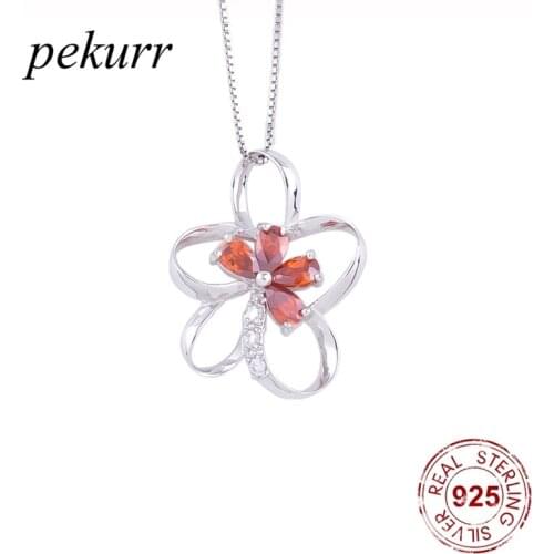 Pekurr 925 Sterling Silver Hollow Ruby Daisy Flower Necklace For Women Red Gems Zircon Pendants Flower Fashion Jewelry