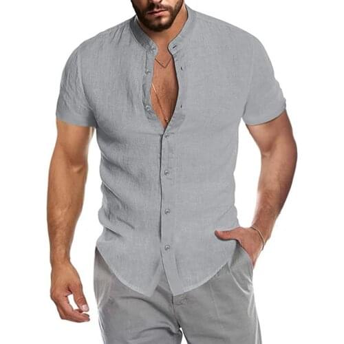 Short Sleeve Beach Shirt Stand Collar Breathable Solid Color V Neck Pockets Men Shirt for Beach