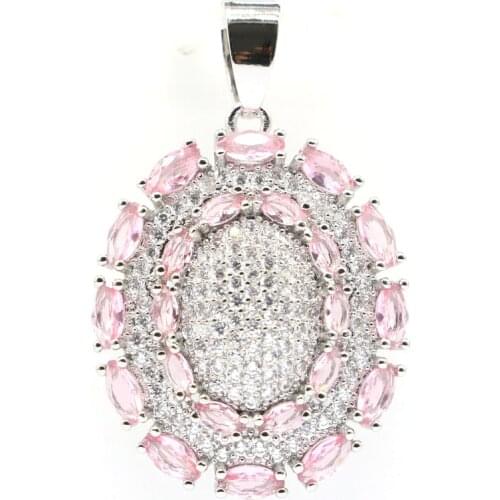 36x23mm SheCrown Anniversary Created Pink Morganite Bright Zircon Gift For Ladies Silver Pendant