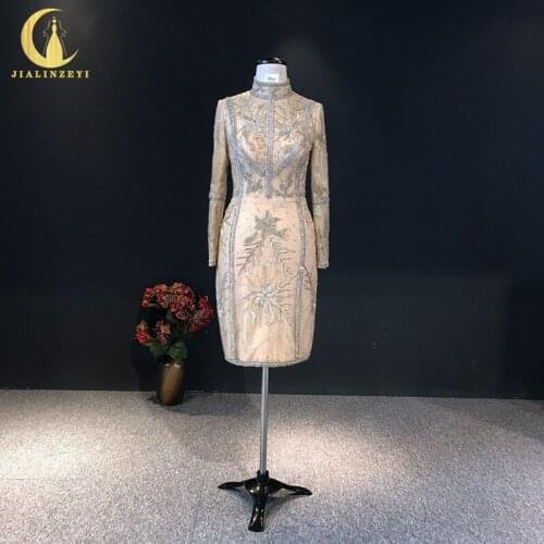 JIALINZEYI Real Sexy Long Sleeves High Neck Champange Gold Beads Backless Knee Length Hot Sale Formal Dresses Prom Dresses