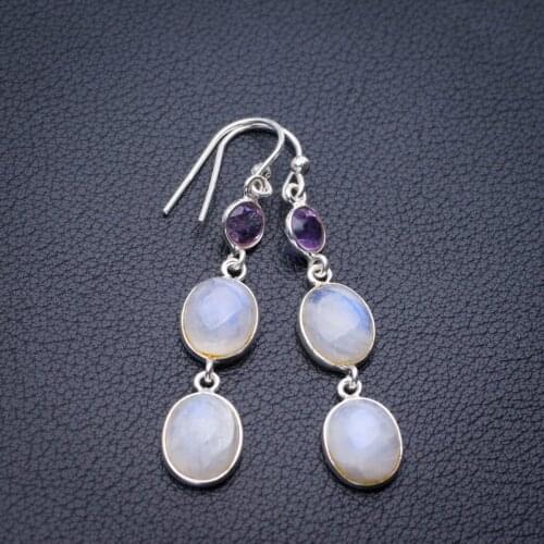 StarGems Natural Rainbow Moonstone And Amethyst Handmade 925 Sterling Silver Earrings 2" E1431