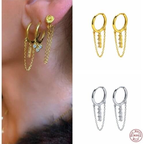 Aide 925 Sterling Silver Gold Hoop Earrings For Women Cubic Zirconia Jeweled Chain Tassel Circle Earring Party Fine Jewelry Gift