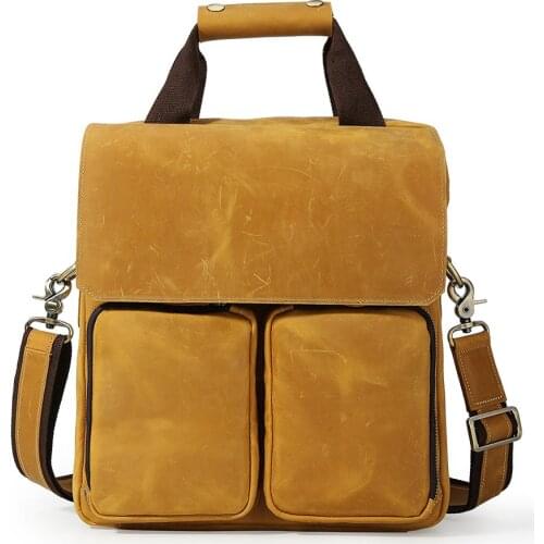 Tiding New Men Top Quality Vertical Leather Tote Bags Designer Fashion Handbags Brand Retro Messenger Bag Brownish yellow 10726