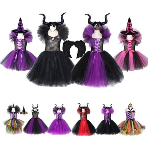 Girls Halloween Witch Cosplay Costumes for Children Black Tutu Dresses Girl Carnival Party Dress Fancy Dress Up Clothes Horns