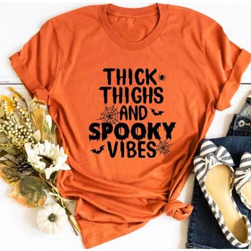 Thick Thighs Spooky Vibes Shirt Funny Halloween Tshirt Halloween Funny Tee 2021 Halloween Spooky Vibes Graphic Tees Women