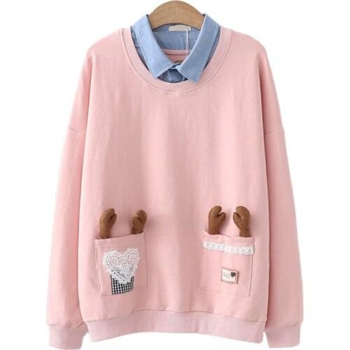 Women Sweatshirts Long Sleeve Turndown Collar Casual Hoodies Pullover 2020 Autumn Patchwork Fake 2 Pieces Female Tracksuit Tops