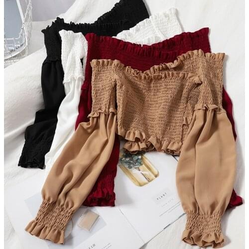 Sexy Slash Neck Short Tops Women Ruffle Long Sleeve Khaki/White Shirts Casual Slim Off Shoulder Tops Female New Fashion 2020
