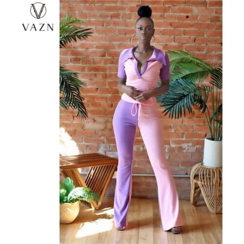 VAZN 2021 Autumn Patchwork Sweet High-end Sexy Overalls Full Sleeve Sweet Young Long Boot Cut Pants Slim Women 2 Piece Set