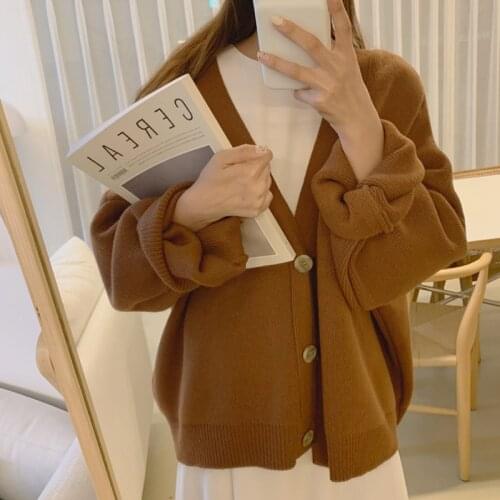 2021 New Women Autumn Winter Loose Thick Sweater Jacket Single Breasted V Neck Knitted Coat Oversize Outwear Cardigan